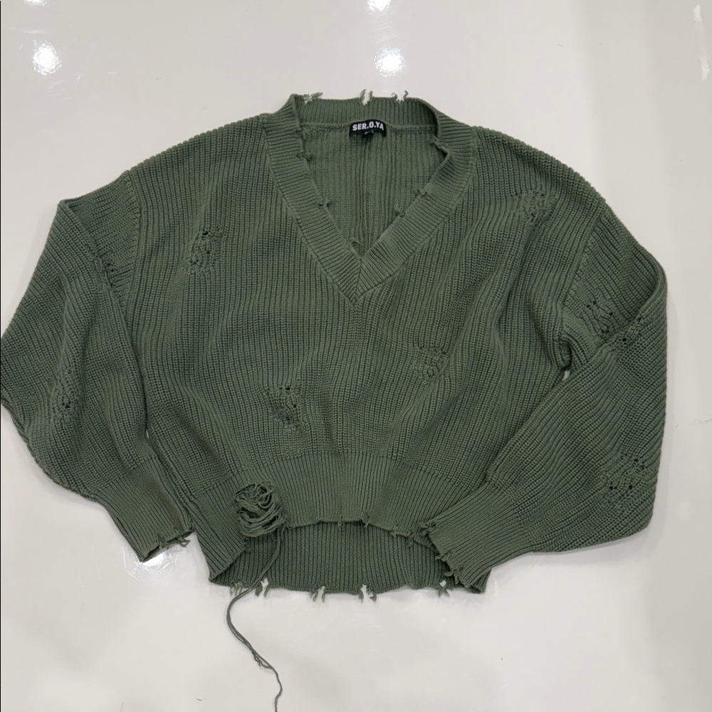 Ser.O. Ya Olive Distressed V-Neck Sweater